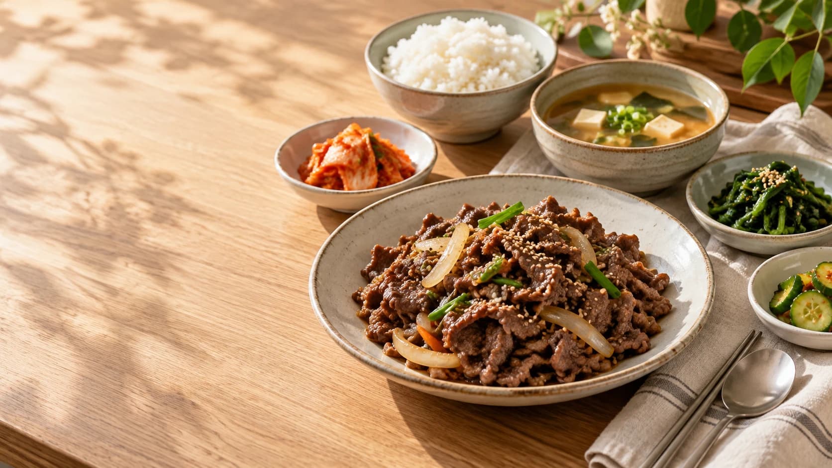 햇살 아래 불고기와 정갈한 반찬이 놓인 따뜻한 한식 밥상