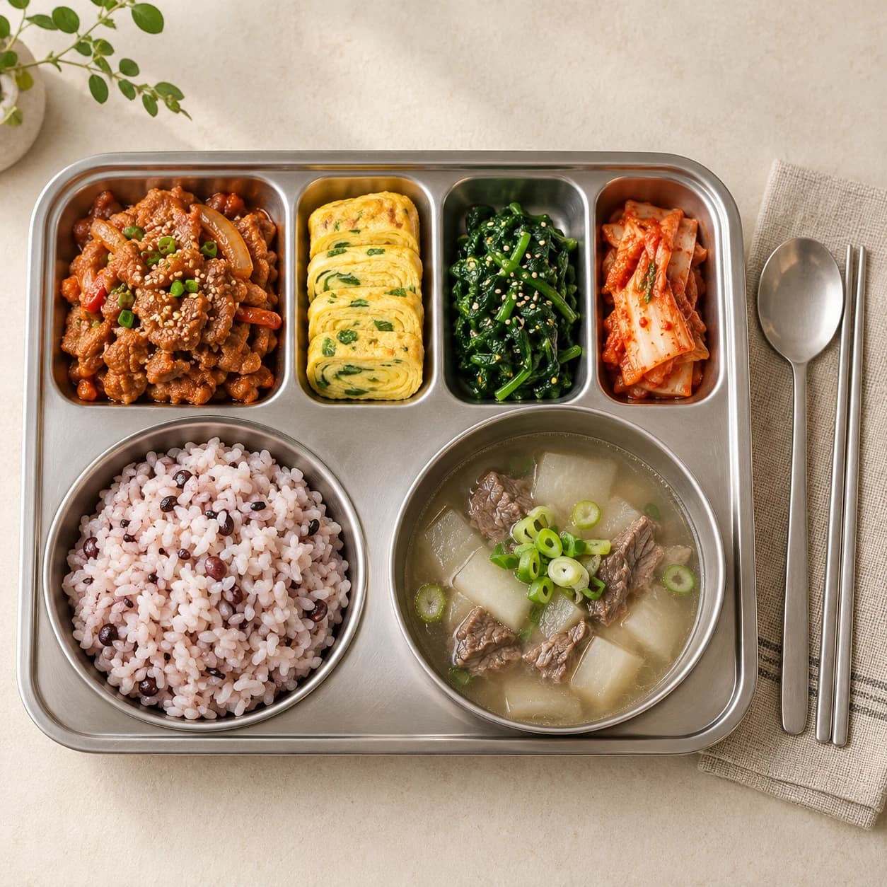 다양한 반찬을 담은 위탁급식 식판